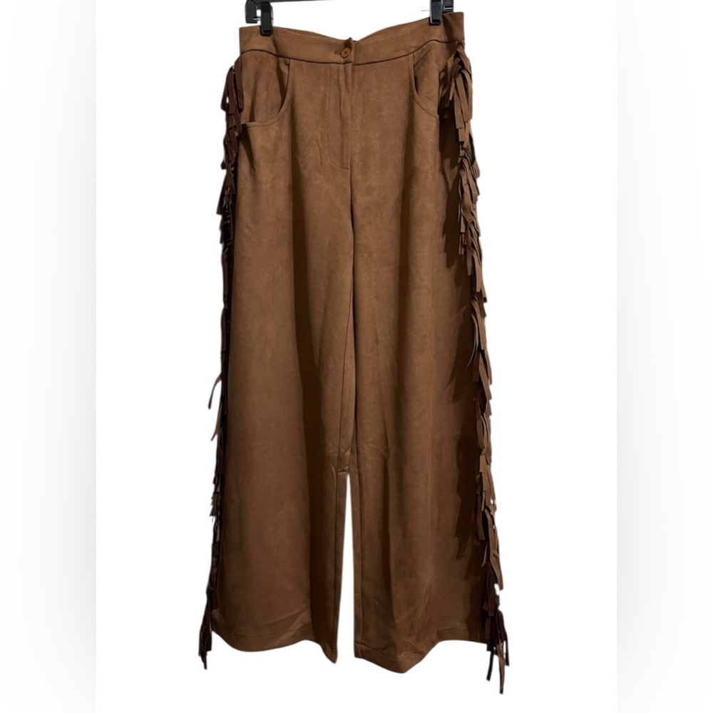 NWT MICAS Women’s Brown Faux Suede Fringe Wide Leg Pants Size Large Pockets